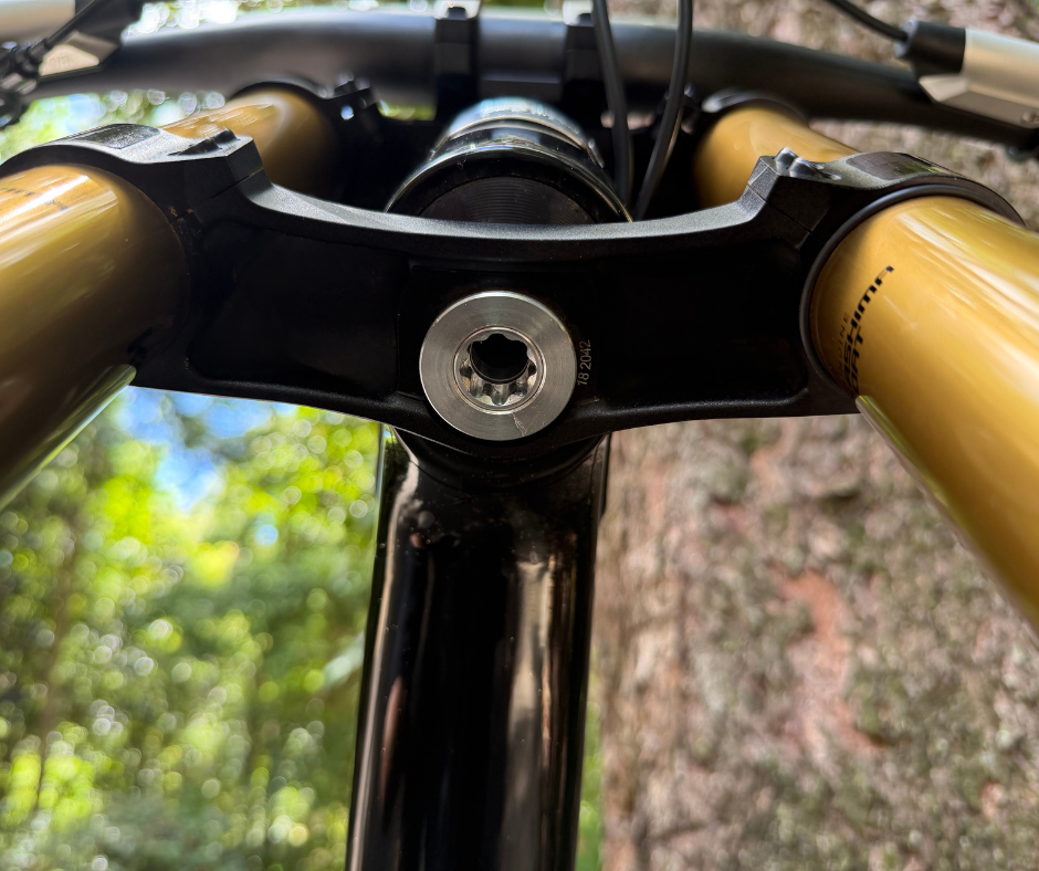 Close-Up of Mountain Bike Stem Secured with Raklox Steerer Tube Bike Rack Lock for Anti-Theft Protection