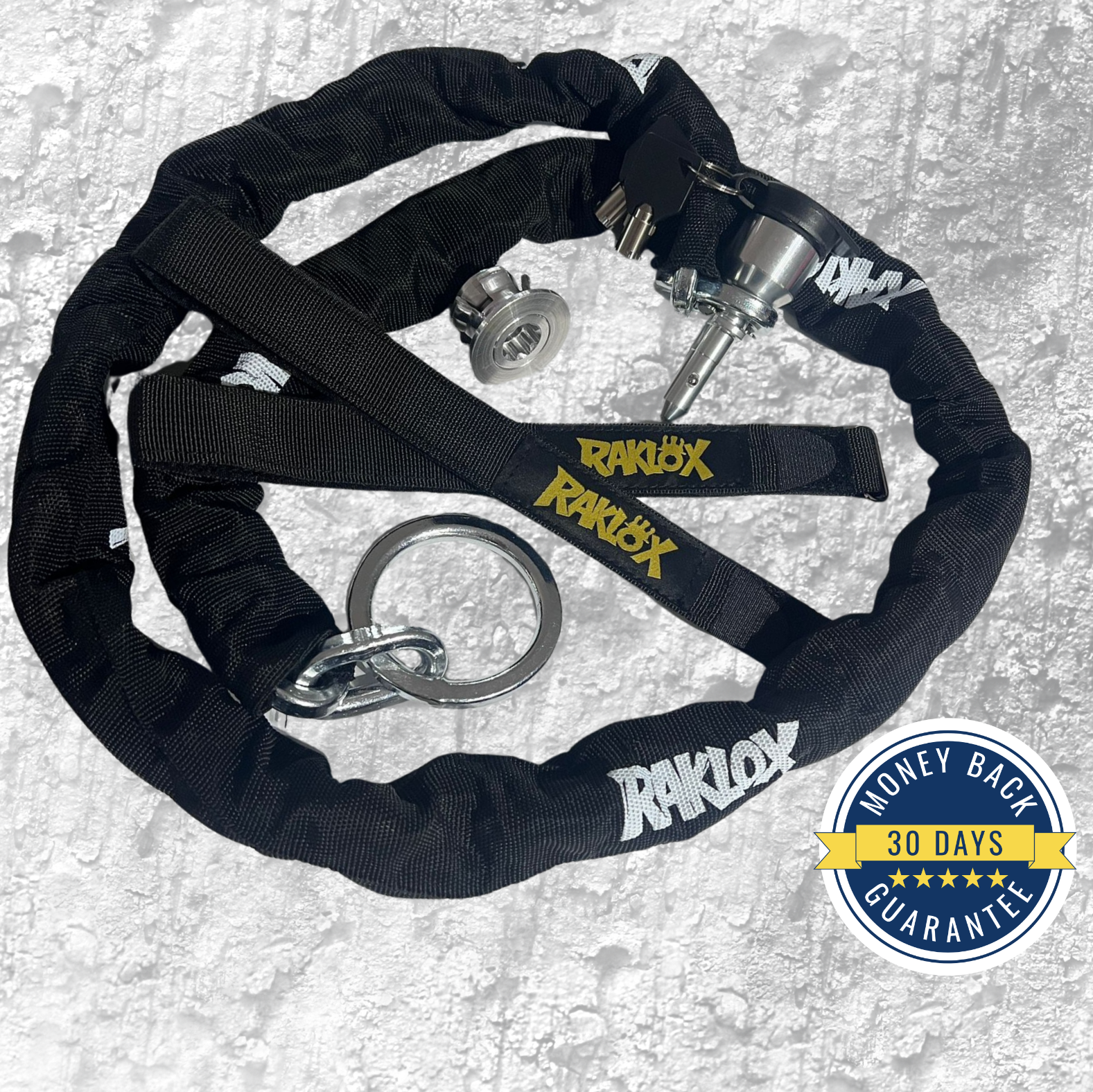 A black chain lock with RAKLOX branding on a textured surface a versatile bike lock