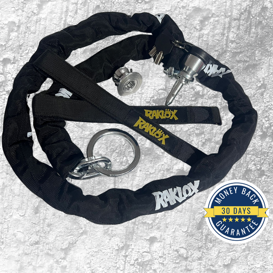 A black chain lock with RAKLOX branding on a textured surface a versatile bike lock