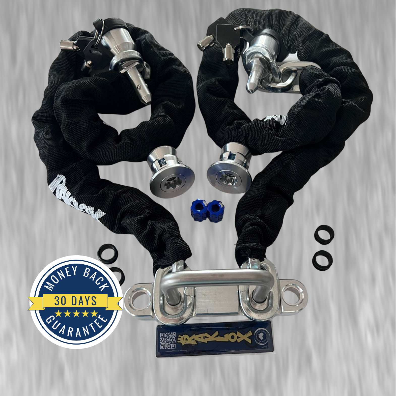 Bicycle chain lock with additional components on a gray background