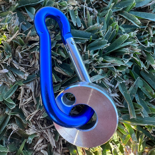 looplox Metallic blue and silver carabiner on grass